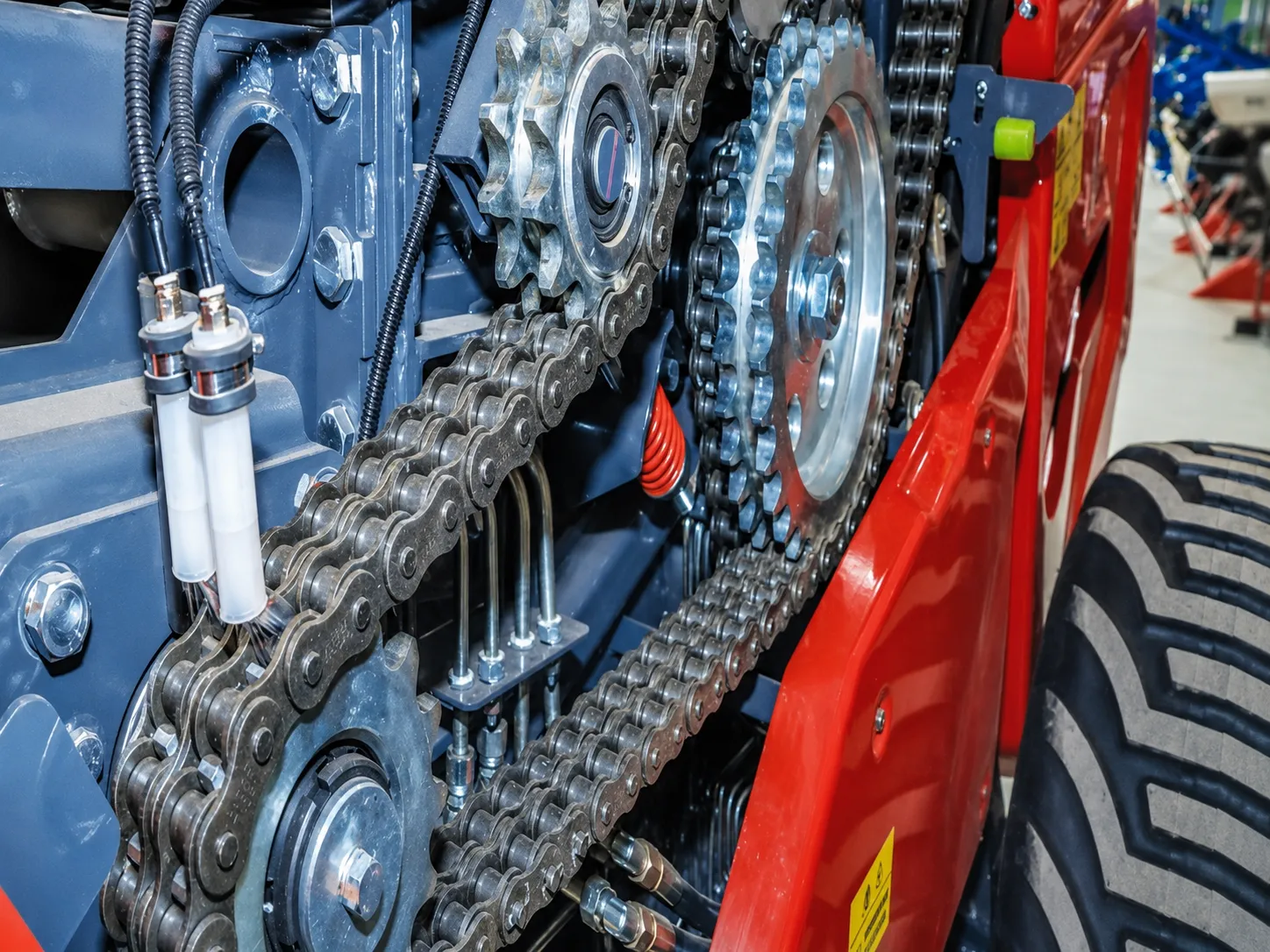 Heavy-duty chain drive transmission detail on corn stalk baler