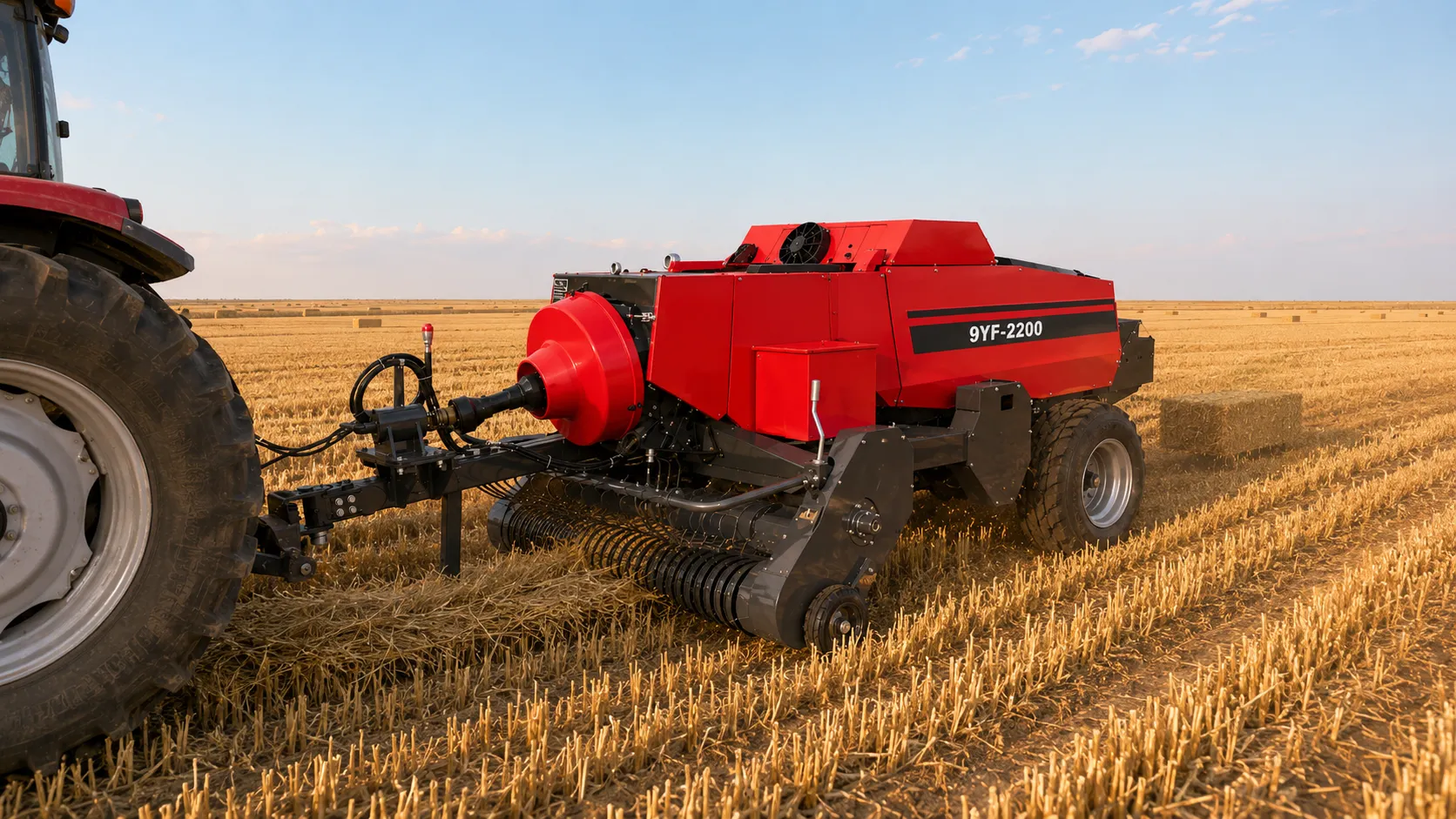 9YF-2200 hay baler covering wide windrow in wheat field