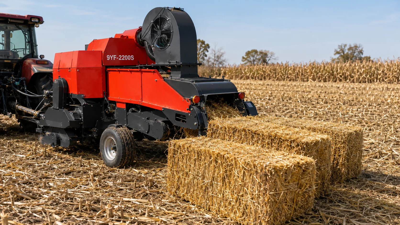 9YF-2200S dual crusher baler producing dense, clean corn stalk bales