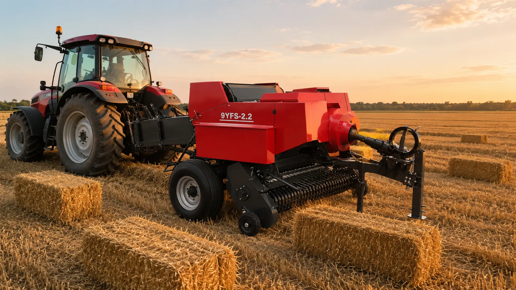 9YFS-2.2 double chamber square baler at work in a wheat field